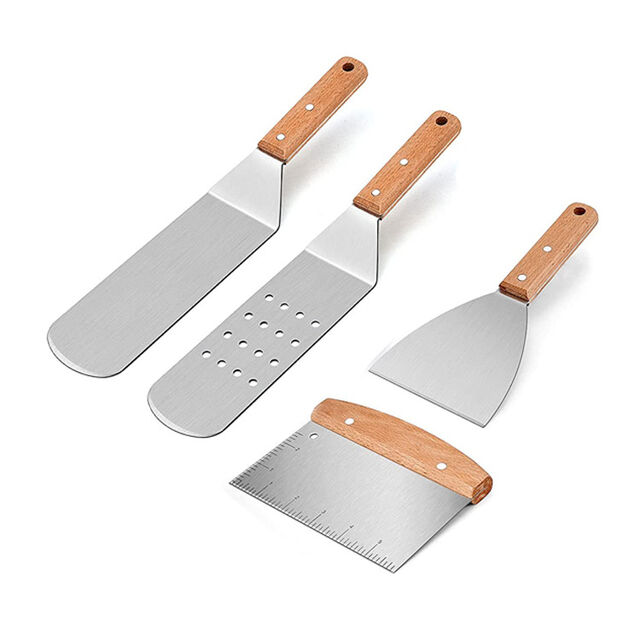 Ensemble Professionnel de Spatules - Tourne-Crêpes en Acier Inoxydable et Racloir pour Plancha, Tourne-Burger surdimensionné pour Grill BBQ