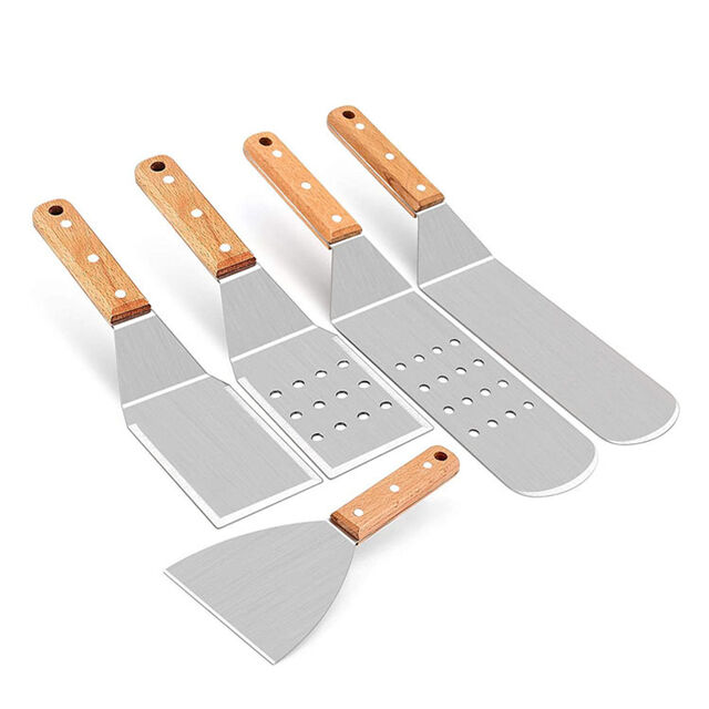 Ensemble de Spatules Métalliques en Acier Inoxydable - Spatules Teppanyaki pour Accessoires de Grill BBQ et Plancha en Fonte
