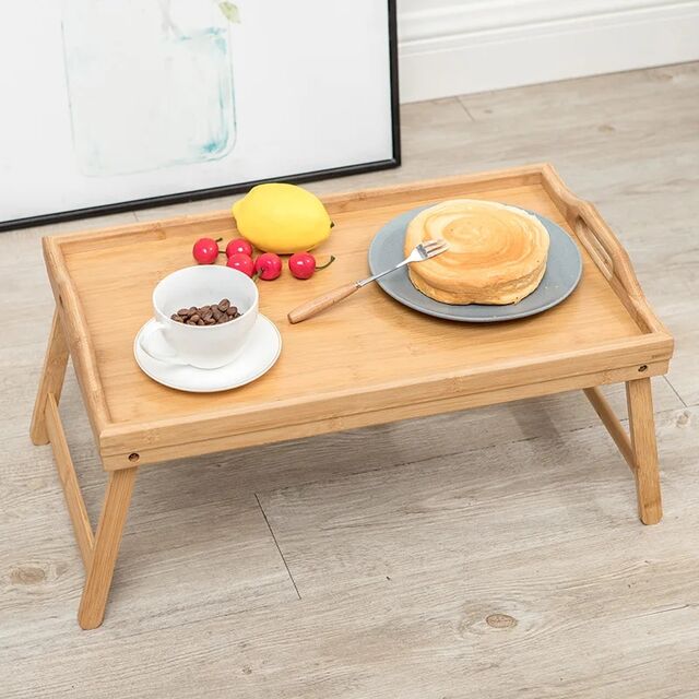 Bandeja de Cama de Bambú Ecológica, Bandeja de Madera, Mesa de Ordenador Simple de Bambú para Servir el Desayuno, Mesa Plegable de Madera Pulida