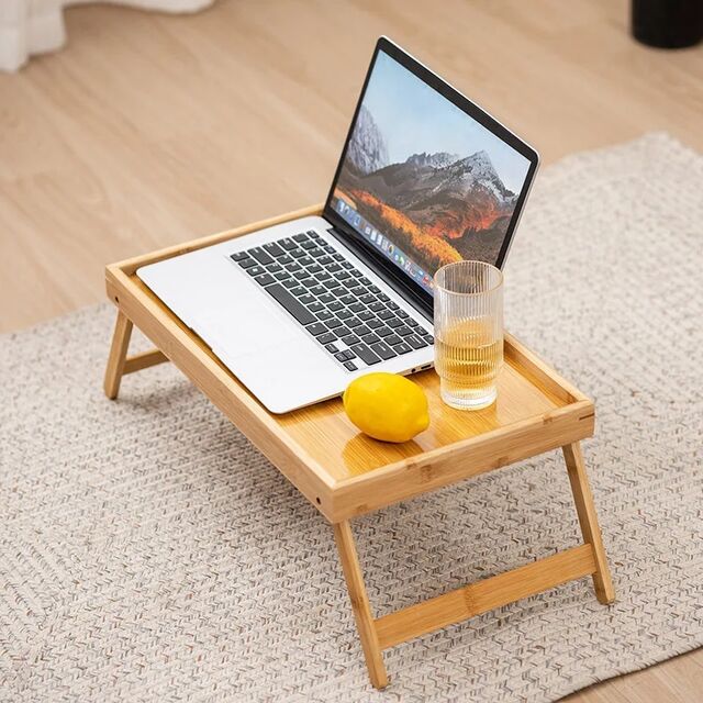 Bandeja de Cama de Bambú Ecológica, Bandeja de Madera, Mesa de Ordenador Simple de Bambú para Servir el Desayuno, Mesa Plegable de Madera Pulida