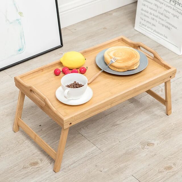 Bandeja de Cama de Bambú Ecológica, Bandeja de Madera, Mesa de Ordenador Simple de Bambú para Servir el Desayuno, Mesa Plegable de Madera Pulida