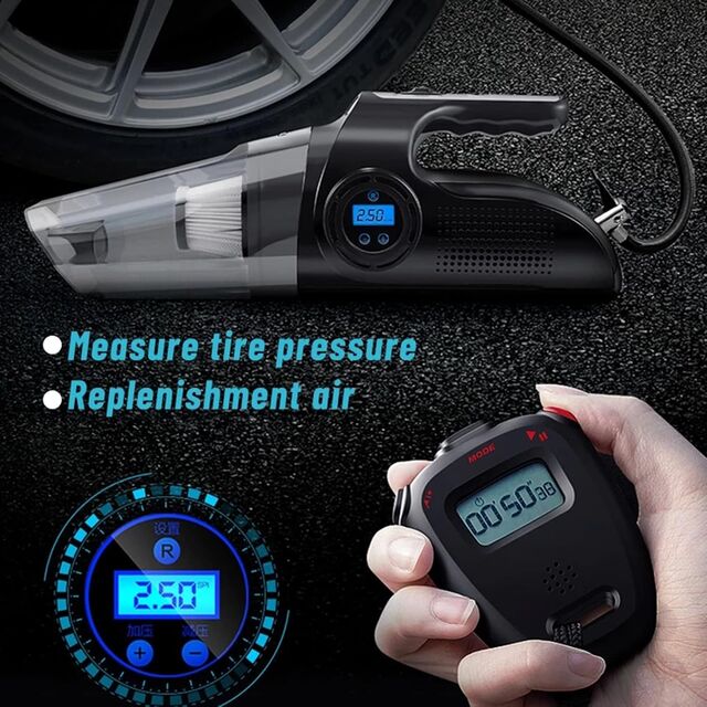 4-in-1 Kabelloser Auto-Staubsauger mit 6000Pa Starker Saugkraft, 120W Digitalanzeige, Auto- und Heimstaubsauger, Luftpumpe LED 2000mAh Wiederaufladbar