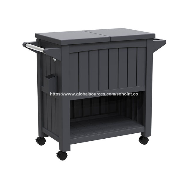 Chariot de service 3-en-1 avec texture de bois, table de rangement et de préparation, seau à glace de 80 L, refroidisseur, chariot roulant avec quatre roues.