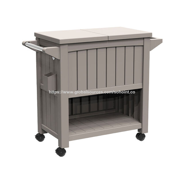Chariot de service 3-en-1 avec texture de bois, table de rangement et de préparation, seau à glace de 80 L, refroidisseur, chariot roulant avec quatre roues.