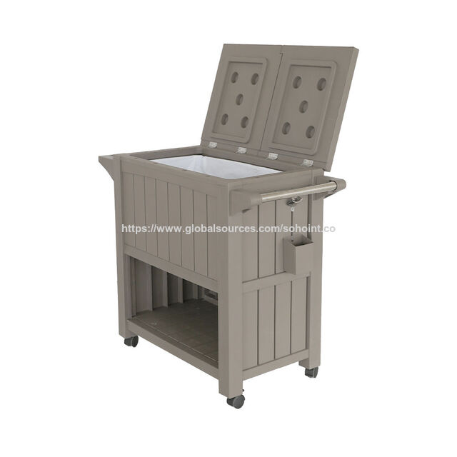 Chariot de service 3-en-1 avec texture de bois, table de rangement et de préparation, seau à glace de 80 L, refroidisseur, chariot roulant avec quatre roues.