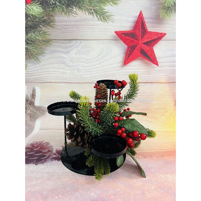Juego Festivo de 3 Portavelas Navideños de Metal con Bayas Rojas y Decoración de Pino - Adorno para el Hogar y Material para Corona Navideña