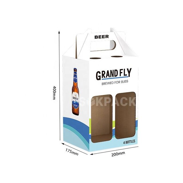 Caja de cartón corrugado ecológica con asas para transporte de 6 botellas de cerveza personalizadas