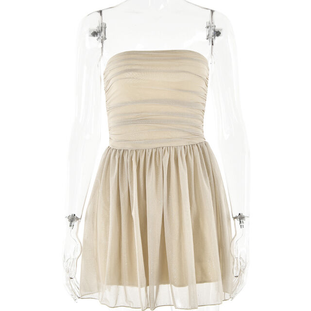 Vestido Sexy de Malla con Parches para Mujer al Por Mayor de Fábrica, Mini Vestido sin Tirantes y con Hombros Descubiertos, Fiesta Europea y Americana de Moda