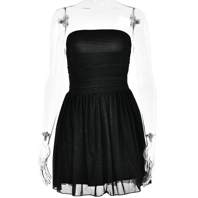 Vestido Sexy de Malla con Parches para Mujer al Por Mayor de Fábrica, Mini Vestido sin Tirantes y con Hombros Descubiertos, Fiesta Europea y Americana de Moda