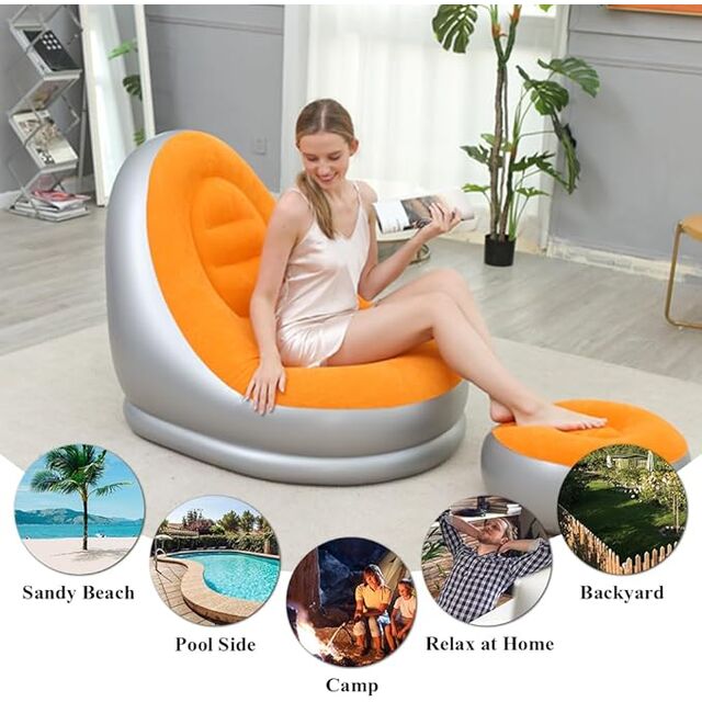Juego de Sofá Comprimido Silla de Muebles Inflables con Taburete para Descansar los Pies, Tumbonas Plegables de Interior con Bomba de Aire