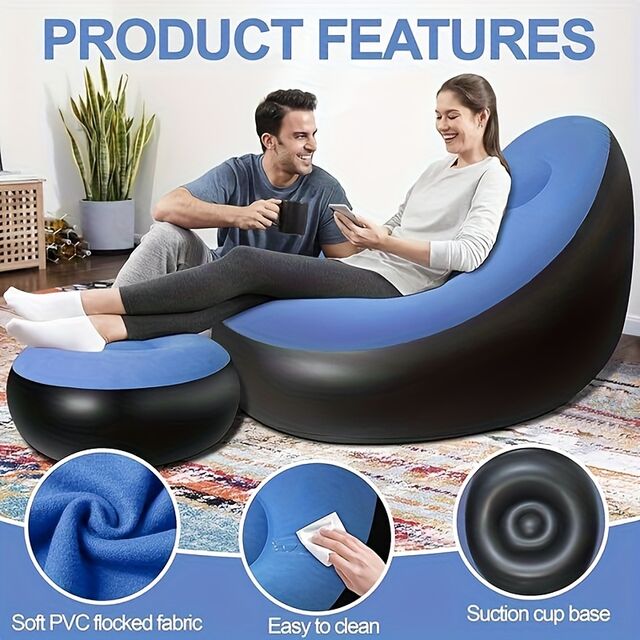 Juego de Sofá Comprimido Silla de Muebles Inflables con Taburete para Descansar los Pies, Tumbonas Plegables de Interior con Bomba de Aire