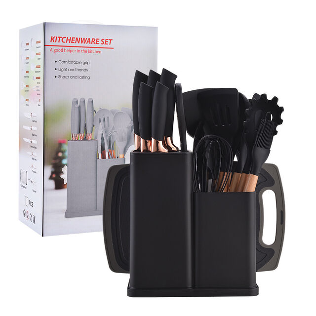 Hochwertiges 19-teiliges Küchenhelfer-Set aus Silikon mit Holzgriff, Schneidebrett, Aufbewahrungseimer, Küchenhelfer-Set