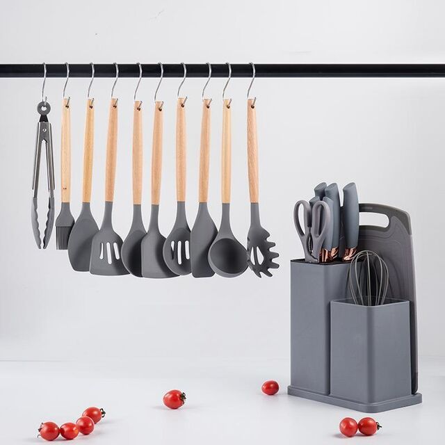 Hochwertiges 19-teiliges Küchenhelfer-Set aus Silikon mit Holzgriff, Schneidebrett, Aufbewahrungseimer, Küchenhelfer-Set