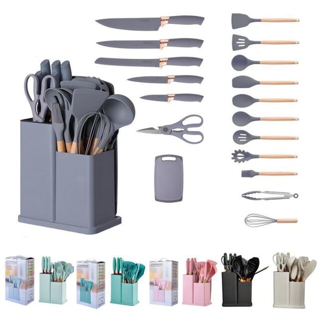 Hochwertiges 19-teiliges Küchenhelfer-Set aus Silikon mit Holzgriff, Schneidebrett, Aufbewahrungseimer, Küchenhelfer-Set