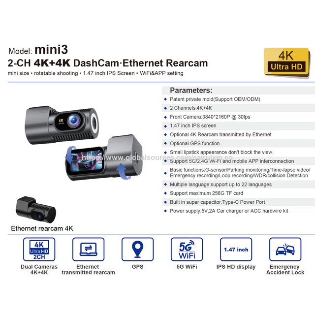 2CH Mini Dashcam vom Werk, Dashcam Auto vorne 4K + 4K Ethernet Rückfahrkamera, 1,5-Zoll-Bildschirm, 5G WiFi APP DVR, GPS Drehbare Autokamera