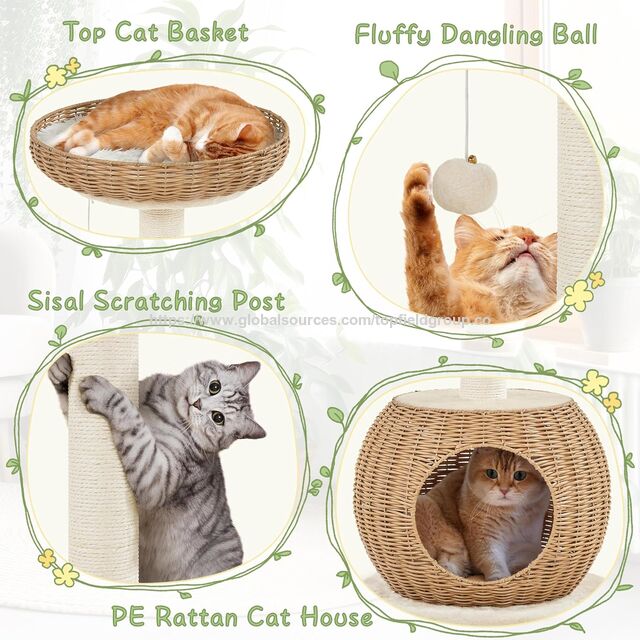 Torre de Escalada Interior com Poste Arranhador, Rattan Tecido, Luxo, Almofada Macia Superior, Árvore de Gato de Rattan, Condomínio para Gatinhos, Caverna/Casa para Gatos