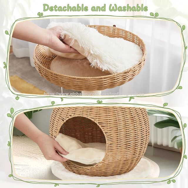 Torre de Escalada Interior com Poste Arranhador, Rattan Tecido, Luxo, Almofada Macia Superior, Árvore de Gato de Rattan, Condomínio para Gatinhos, Caverna/Casa para Gatos