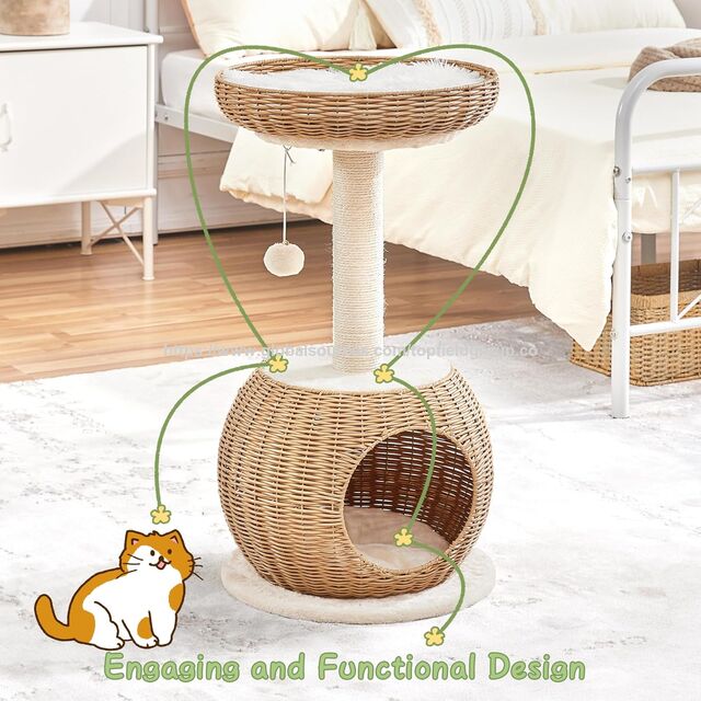 Torre de Escalada Interior com Poste Arranhador, Rattan Tecido, Luxo, Almofada Macia Superior, Árvore de Gato de Rattan, Condomínio para Gatinhos, Caverna/Casa para Gatos