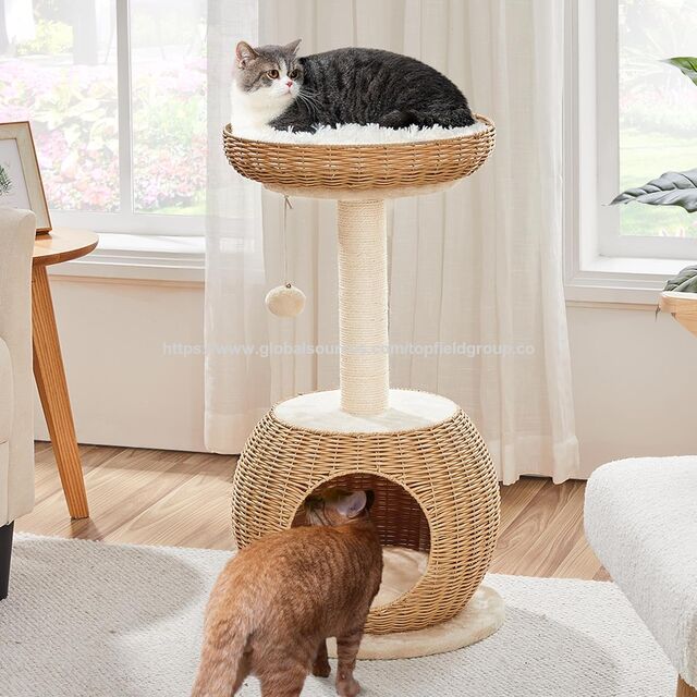 Torre de Escalada Interior com Poste Arranhador, Rattan Tecido, Luxo, Almofada Macia Superior, Árvore de Gato de Rattan, Condomínio para Gatinhos, Caverna/Casa para Gatos
