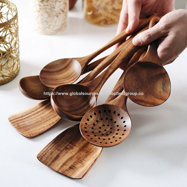 Utensílios de Cozinha 100% Naturais de Madeira Teca Livre de Toxinas: Colher, Espátula, Concha e Conjunto de Utensílios de Madeira para Cozinhar. Ferramentas de Cozinha de Alta Qualidade.