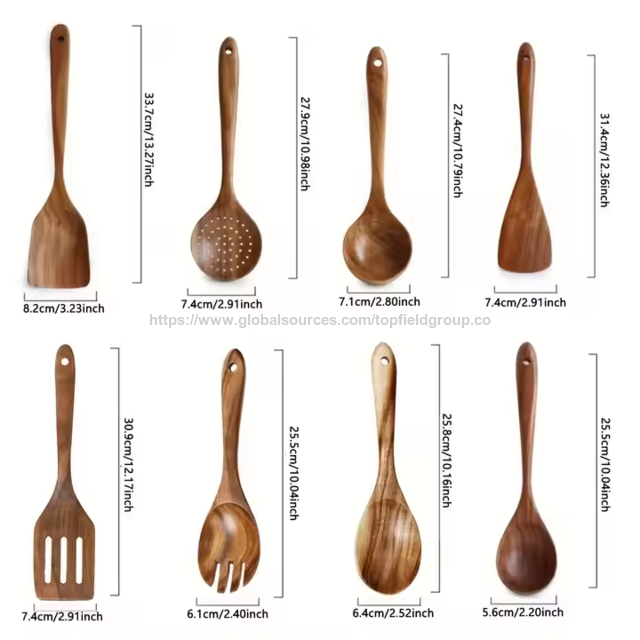 Utensílios de Cozinha 100% Naturais de Madeira Teca Livre de Toxinas: Colher, Espátula, Concha e Conjunto de Utensílios de Madeira para Cozinhar. Ferramentas de Cozinha de Alta Qualidade.