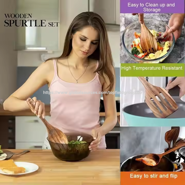 Utensílios de Cozinha 100% Naturais de Madeira Teca Livre de Toxinas: Colher, Espátula, Concha e Conjunto de Utensílios de Madeira para Cozinhar. Ferramentas de Cozinha de Alta Qualidade.