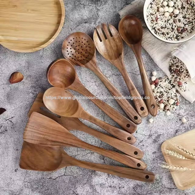 Utensílios de Cozinha 100% Naturais de Madeira Teca Livre de Toxinas: Colher, Espátula, Concha e Conjunto de Utensílios de Madeira para Cozinhar. Ferramentas de Cozinha de Alta Qualidade.