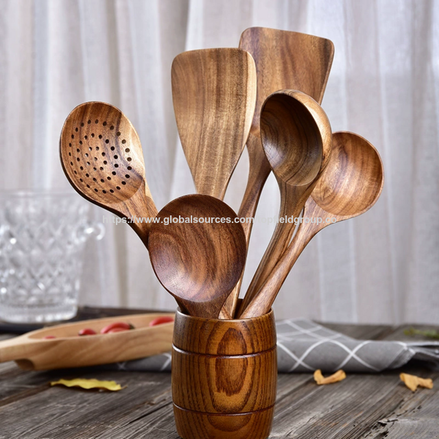 Utensílios de Cozinha 100% Naturais de Madeira Teca Livre de Toxinas: Colher, Espátula, Concha e Conjunto de Utensílios de Madeira para Cozinhar. Ferramentas de Cozinha de Alta Qualidade.