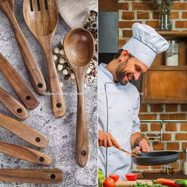 Utensílios de Cozinha 100% Naturais de Madeira Teca Livre de Toxinas: Colher, Espátula, Concha e Conjunto de Utensílios de Madeira para Cozinhar. Ferramentas de Cozinha de Alta Qualidade.