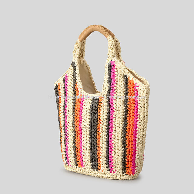 Prix usine, OEM, sac de plage en paille de papier, sac de paille pour femme avec motif rayé à la mode