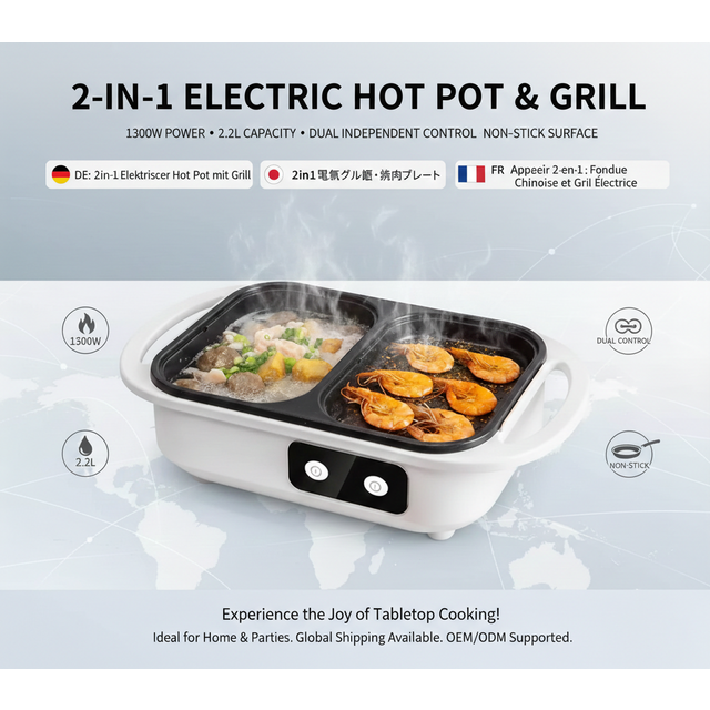 Fournisseur Ménager 2-en-1 Shabu-Shabu Pot & Grill Électrique Yakiniku | Marmite Divisée de 1300W pour Cuisine de Table avec Double Contrôle
