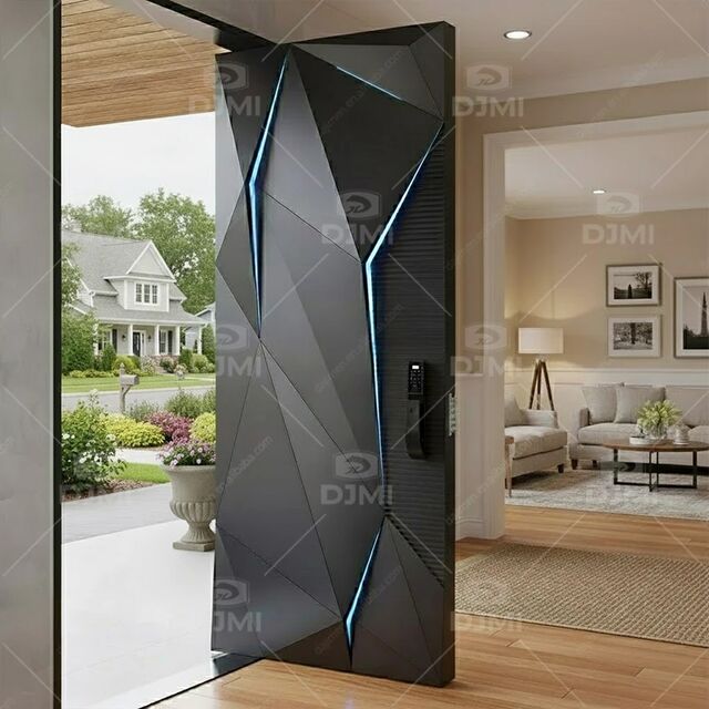 Moderne schwarze Aluminium-Eingangstür mit geometrischem Design, Smart Lock, hochsichere, stahlverstärkte Haustür für Haus & Villa