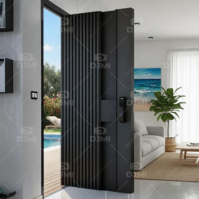 Moderne schwarze Aluminium-Eingangstür mit geometrischem Design, Smart Lock, hochsichere, stahlverstärkte Haustür für Haus & Villa