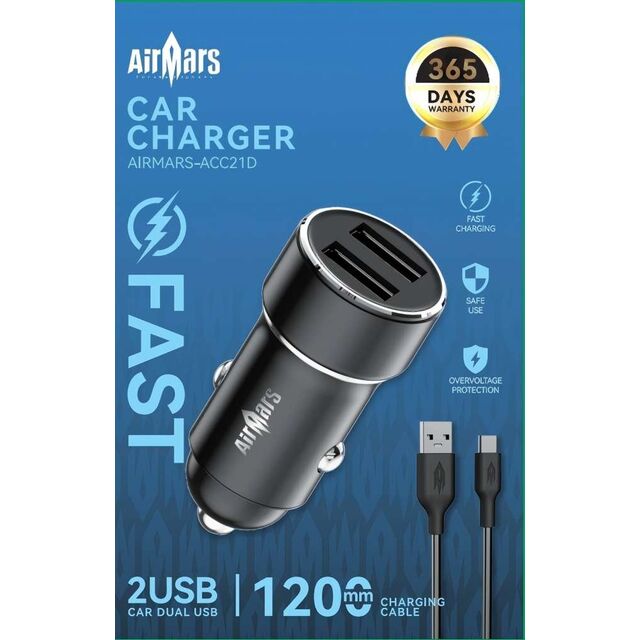 AIRMARS Cargador de Coche, 12W, Puertos USB duales, Carga rápida, AirArrow21-ACC21D - Cargador USB para Coche de Alta Velocidad