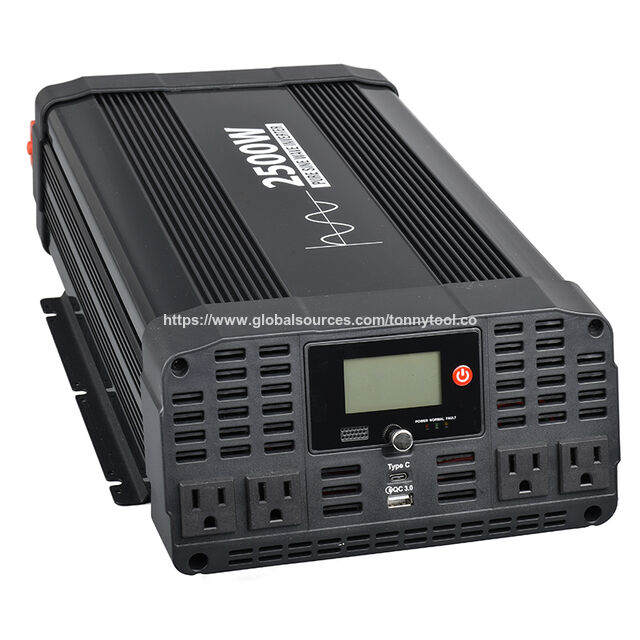 Inversor de Corriente Senoidal Pura de 2500W para Coche, 12V/24V a 120V AC, Convertidor para Camión, Barco, Camping con Ventilador de Refrigeración y Certificación CE