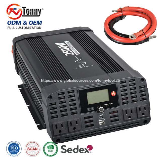 Inversor de Corriente Senoidal Pura de 2500W para Coche, 12V/24V a 120V AC, Convertidor para Camión, Barco, Camping con Ventilador de Refrigeración y Certificación CE