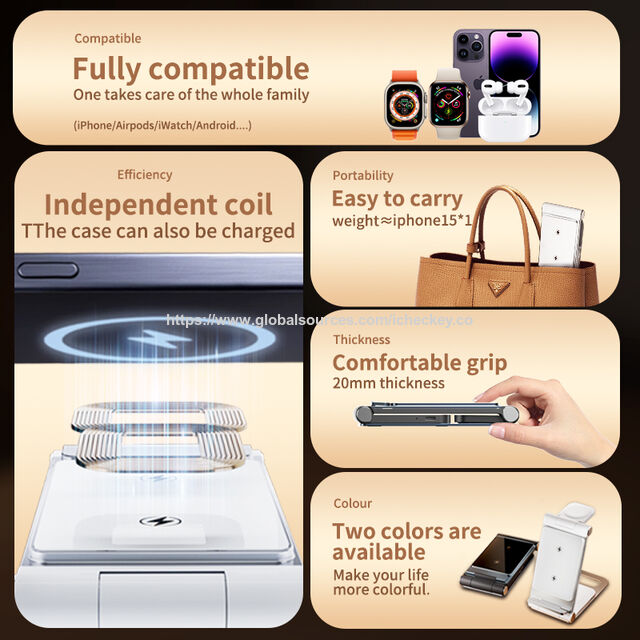 Dual Coil 3-in-1 Wireless Charger aus Aluminiumlegierung für Android, schnelles 15W, faltbares, kabelloses Reiseladegerät, Desktop-Handy-Ladepad