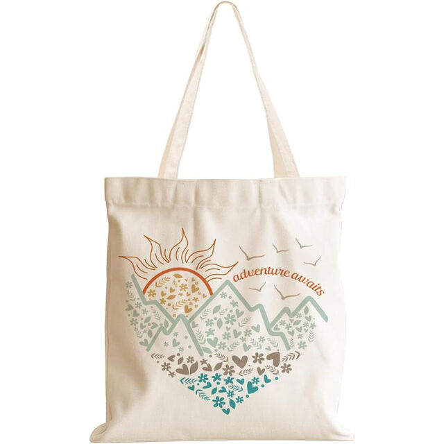 Sac fourre-tout en toile motif montagne aventure et soleil - Cadeaux de camping, sac de week-end, sacs d'épicerie pour femmes et filles