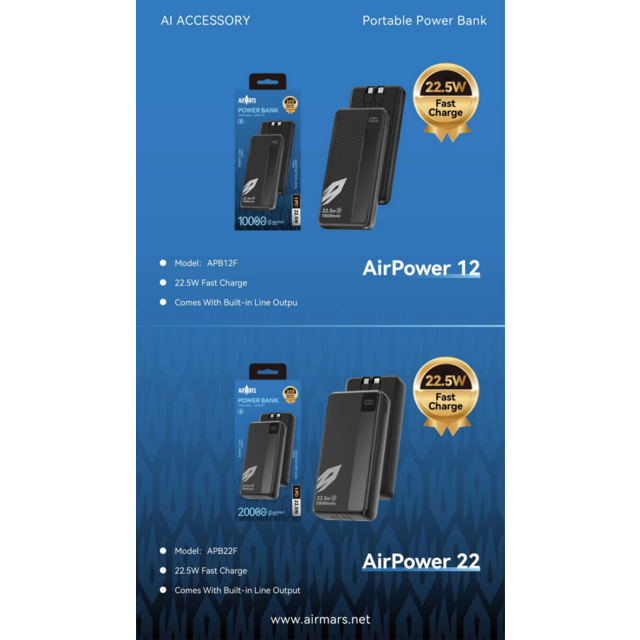 AIRMARS Batería Externa, 2 Cables Incorporados, Carga Rápida de 22.5W, AIRPOWER, APB12F 10000mAh y APB22F/20000mAh - Power Bank para Mayoristas