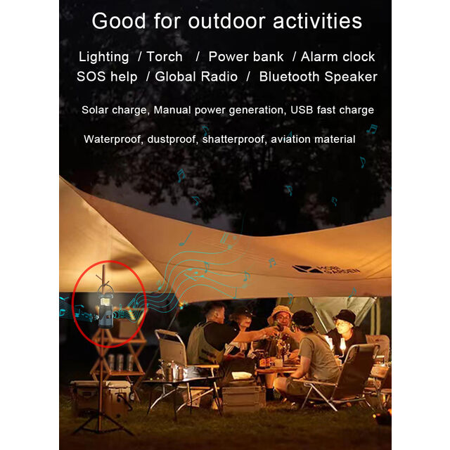 Linterna de camping USB con panel solar, dinamo manual, resistente al agua, altavoz Super Bass, subwoofer, lámpara, radio DAB FM portátil para el hogar