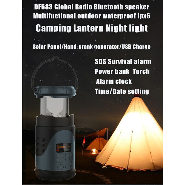 Linterna de camping USB con panel solar, dinamo manual, resistente al agua, altavoz Super Bass, subwoofer, lámpara, radio DAB FM portátil para el hogar