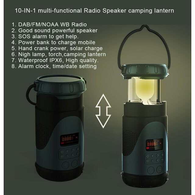 Linterna de camping USB con panel solar, dinamo manual, resistente al agua, altavoz Super Bass, subwoofer, lámpara, radio DAB FM portátil para el hogar