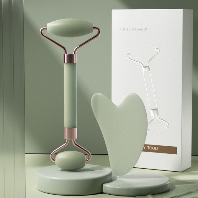 Rodillo Facial Rosa de Alta Calidad Masajeador Facial Juego de Gua Sha de Resina Rosa Rodillo Facial No Jade con Caja para Masaje de Cuello