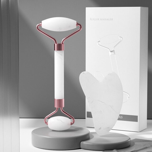 Rodillo Facial Rosa de Alta Calidad Masajeador Facial Juego de Gua Sha de Resina Rosa Rodillo Facial No Jade con Caja para Masaje de Cuello