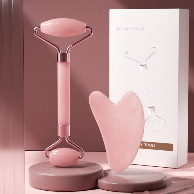 Rodillo Facial Rosa de Alta Calidad Masajeador Facial Juego de Gua Sha de Resina Rosa Rodillo Facial No Jade con Caja para Masaje de Cuello