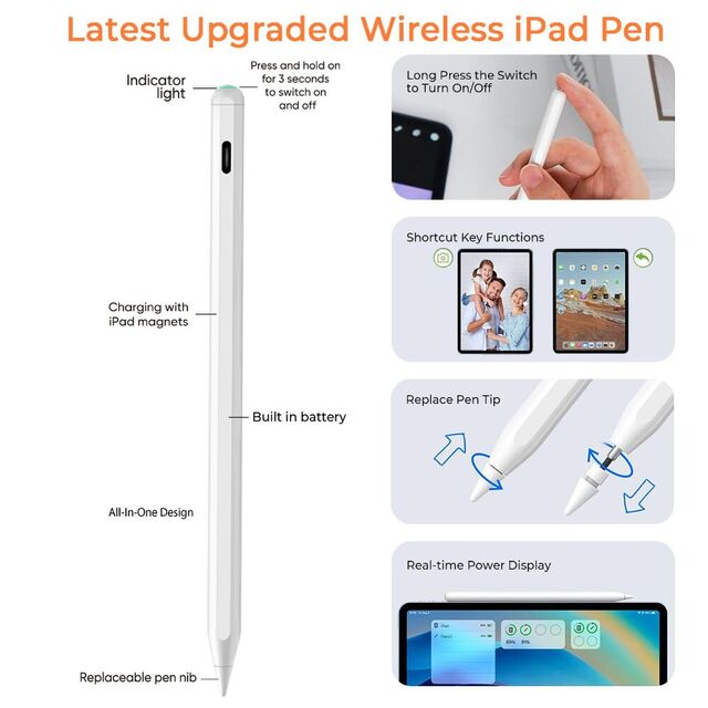 Neigungssensitiver magnetischer aktiver Stift mit austauschbarer POM-Spitze, Handflächenabweisung und kabellosem Laden für iPad, benutzerdefiniertes Logo