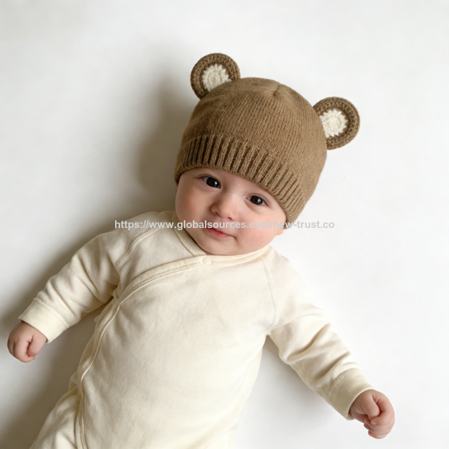 Gorro de Oso de Punto al por Mayor para Bebé - Gorro de Invierno Suave y Cálido para Recién Nacidos, Adorable Gorro Tejido Marrón para 0-12 Meses