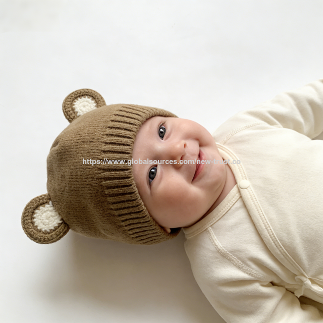 Gorro de Oso de Punto al por Mayor para Bebé - Gorro de Invierno Suave y Cálido para Recién Nacidos, Adorable Gorro Tejido Marrón para 0-12 Meses