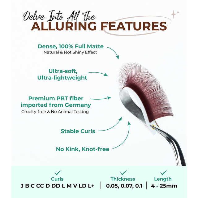 Extensions de Cils Brun Mat Couleur Merlot Baie en Gros, Fibre PBT de Haute Qualité, Cils d'Apparence Naturelle pour Artistes Professionnels