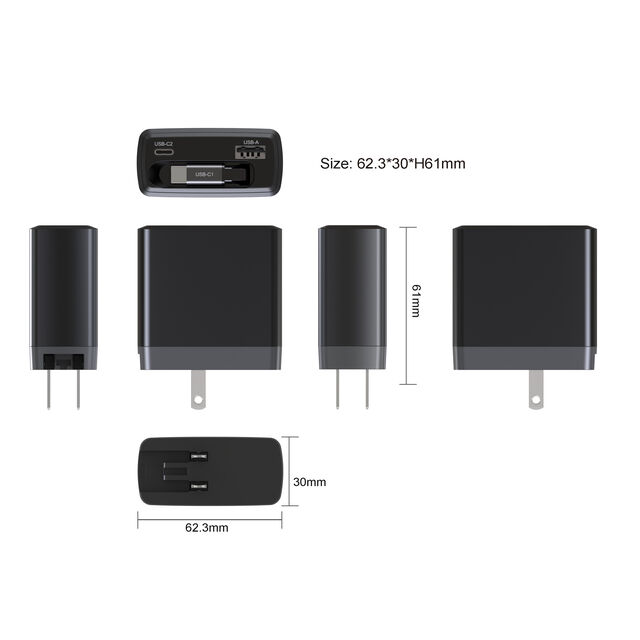 Cargador de pared USB-C PD / GaN de 65W con 1 juego de cable USB-C retráctil + puerto USB-C/USB-A